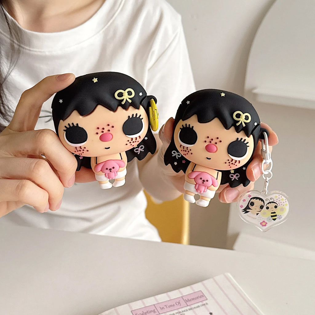 3D Cute Girl Silicone Earphone Case For AirPods 4 Pro 2 Pro3 Soft Shockproof Protective Cover With Matching Pendant Keychain