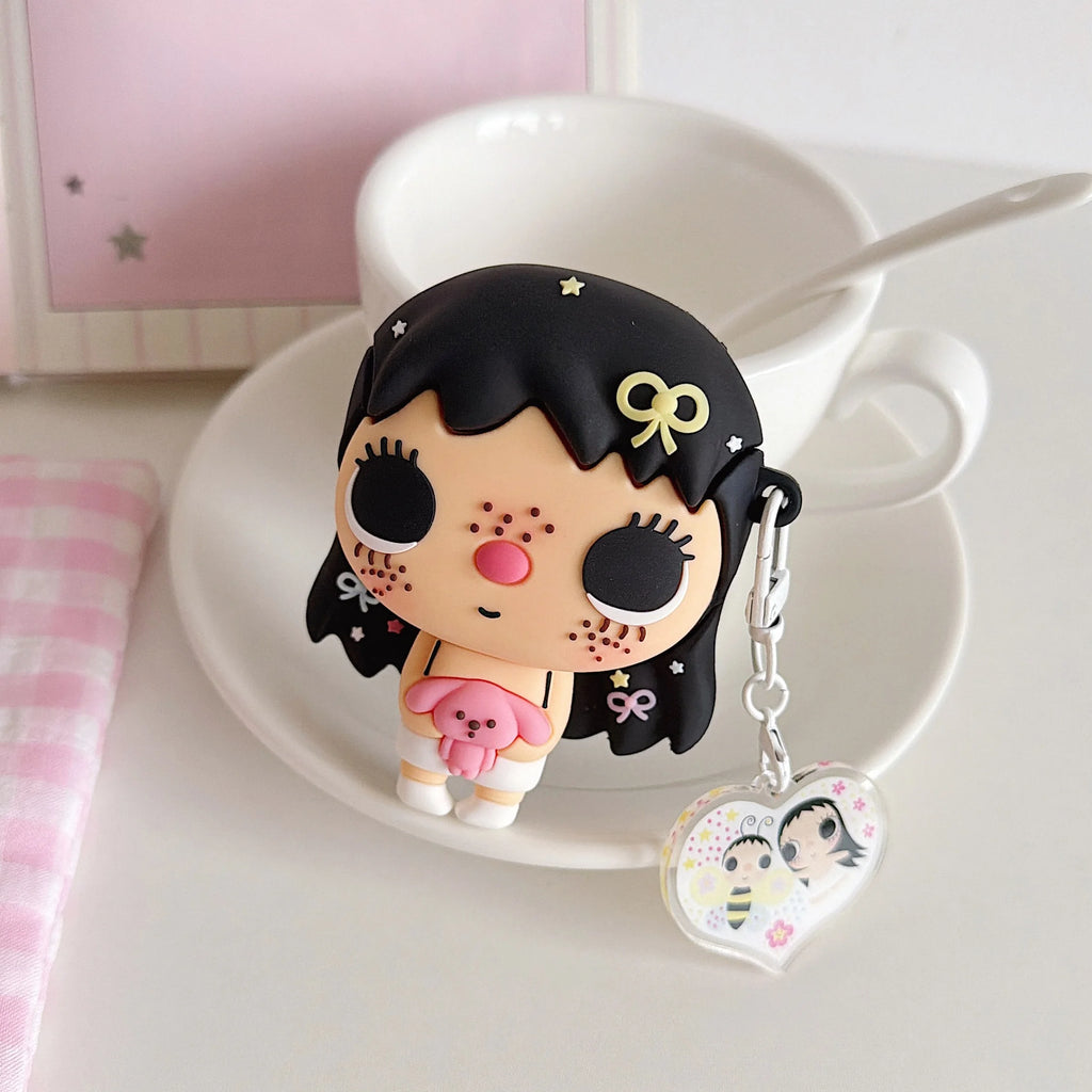 3D Cute Girl Silicone Earphone Case For AirPods 4 Pro 2 Pro3 Soft Shockproof Protective Cover With Matching Pendant Keychain